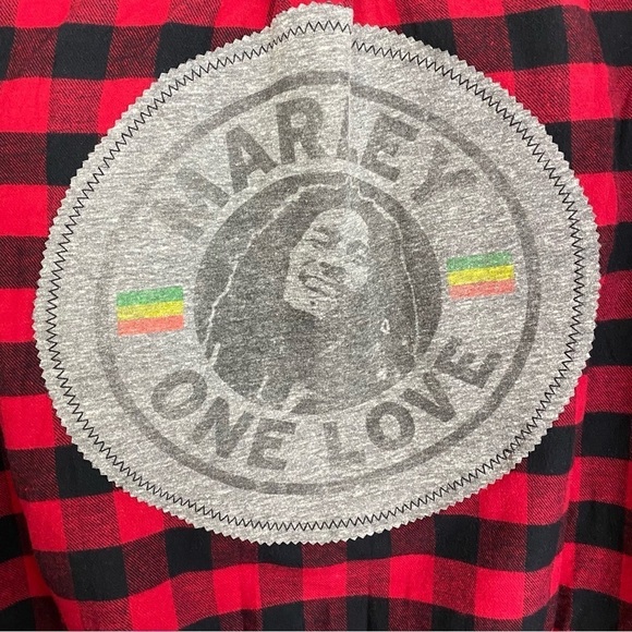 Bob Marley One Love Flannel Shirt Mens XL Shacket Buffalo Plaid Red Black Unisex - Picture 7 of 13